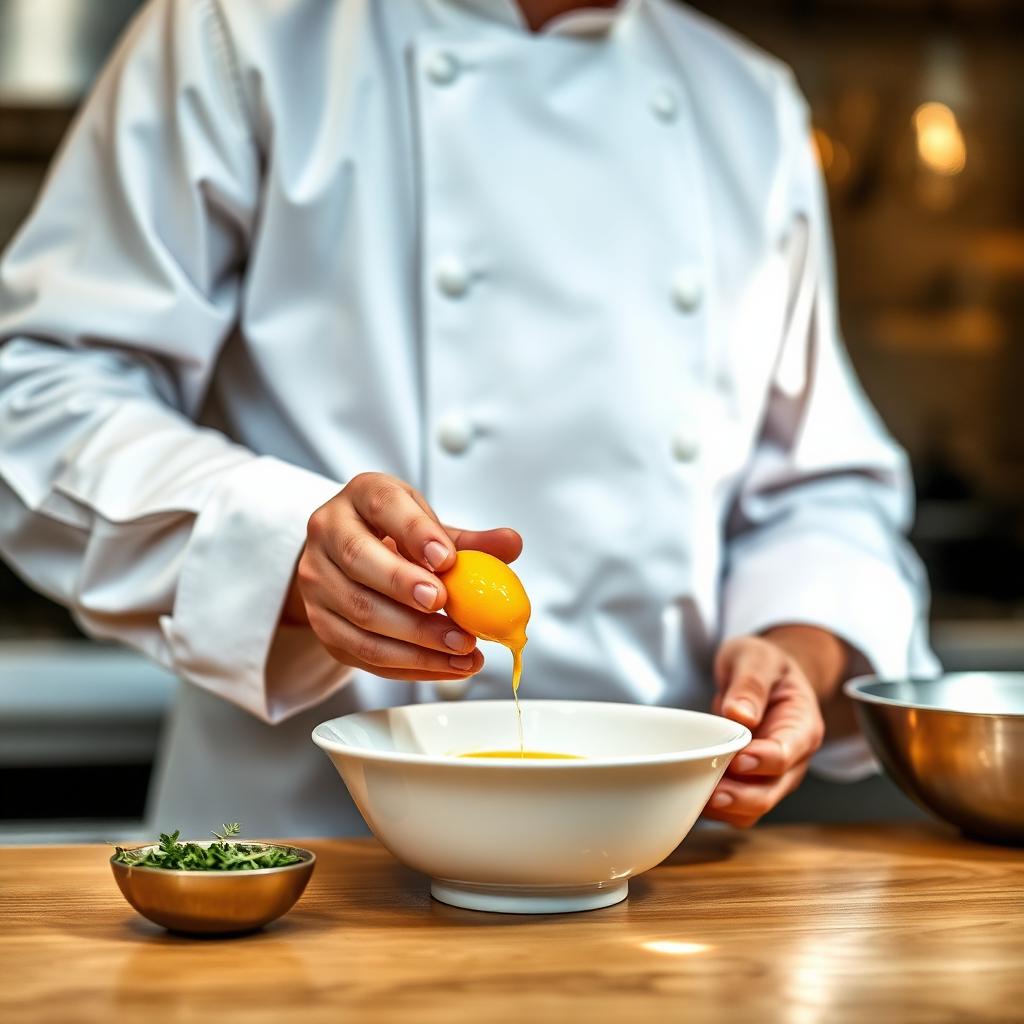 Chef cracking a fresh farm egg into a white bowl